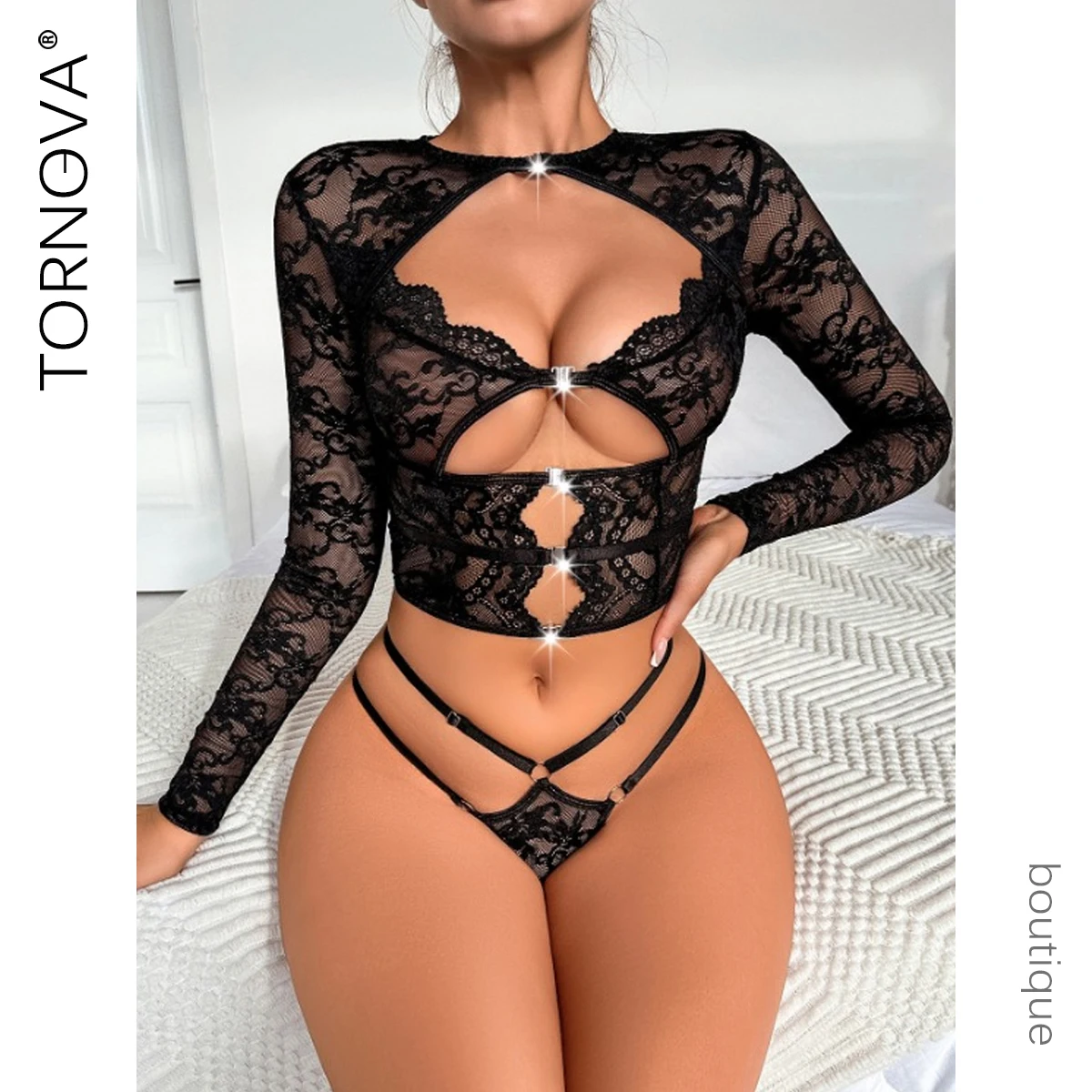 

Tornova Sexy Lingerie for Women Solid Color Lace Splicing Perspective Nightclub Bar Suspender Sexy Lingerie Bra Set Underwear