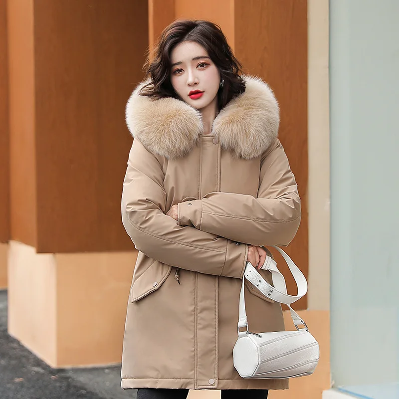 Women Parka Fashion  2023 Winter Jacket Slim with Fur Collar Warm Snow Wear Padded Clothes Long Coat Wool Liner Hooded Parkas