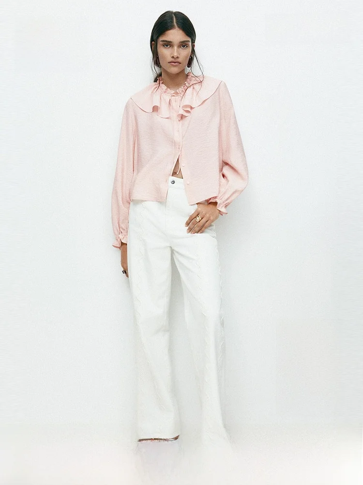 

H&M Women's Shirt Summer New Fashion Gauze Collar Casual Style Long Sleeve Nylon Rayon Blend Button Detail Neck Ruffle D...