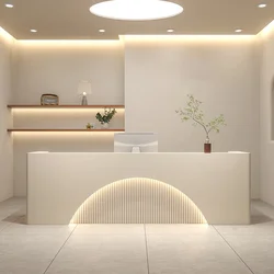 LED 조명이 있는 프런트 데스크 수신 카운터, 맞춤형 사이즈 미용실, 럭셔리 모던 화이트 목재