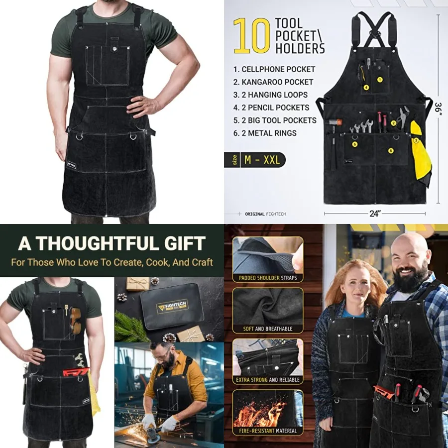 

FIGHTECH Leather Welding Apron 11 Tool Pockets Heavy Duty - Wood Working Shop Apron Men smith Carpenter Adjustable M-XXL