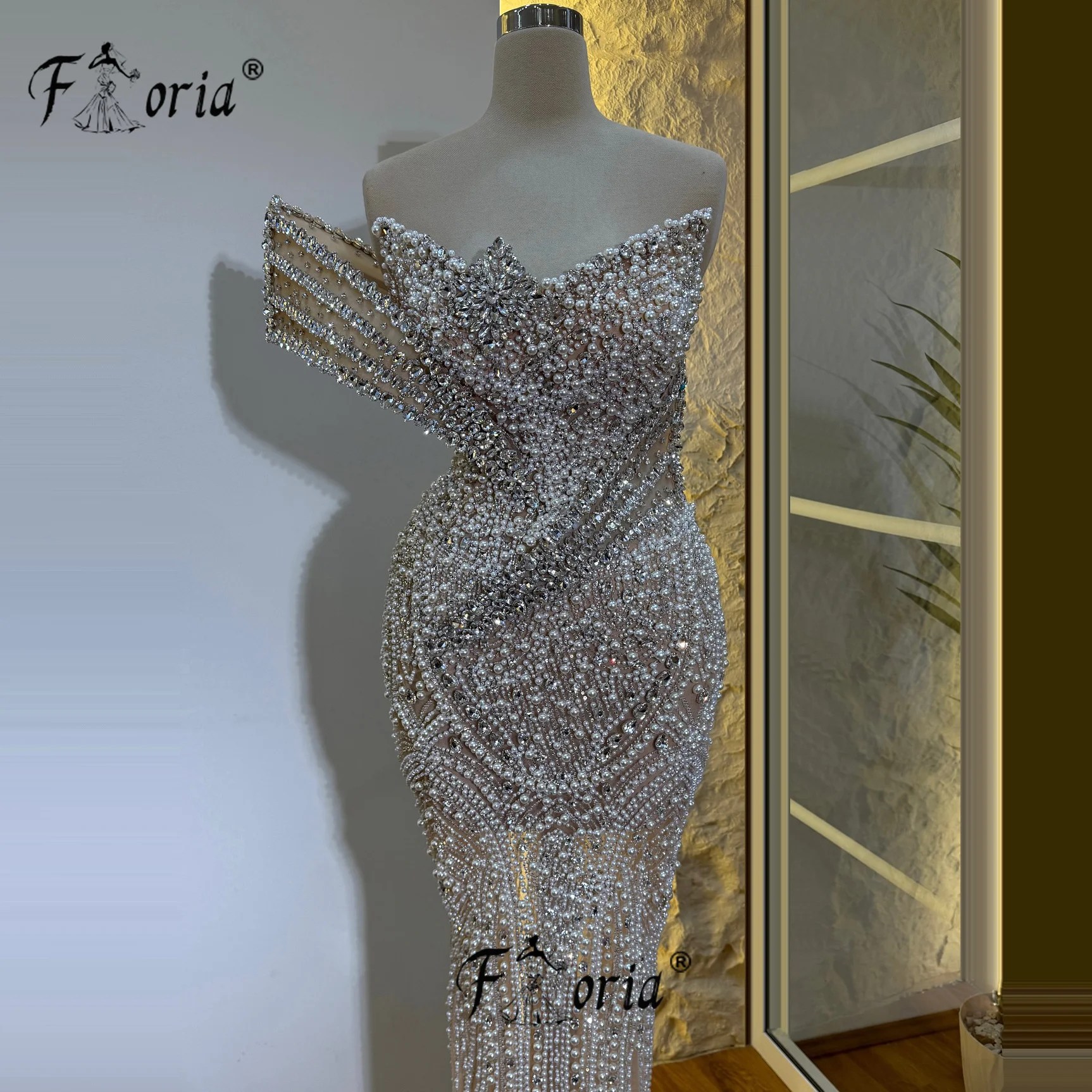 Couture Crystal Nude Celebrity Wedding Dresses Gorgeous Full Pearl Beaded Mermaid Party Dress Robe de Soiree Elegant Gala 2025