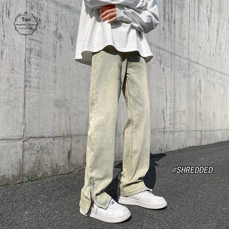 

American Style Yellow Mud Jeans Men's High Street Vibe Zipper Wide Leg Pants Spring Autumn Design Sense Straight Leg Long Pants