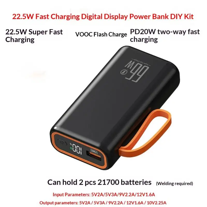 5V 2 Slot 21700mAh 22.5W PD 20W Type C Fast Charging For Phone Battery Storage Box Welded Case DIY Power Bank Charger Shell