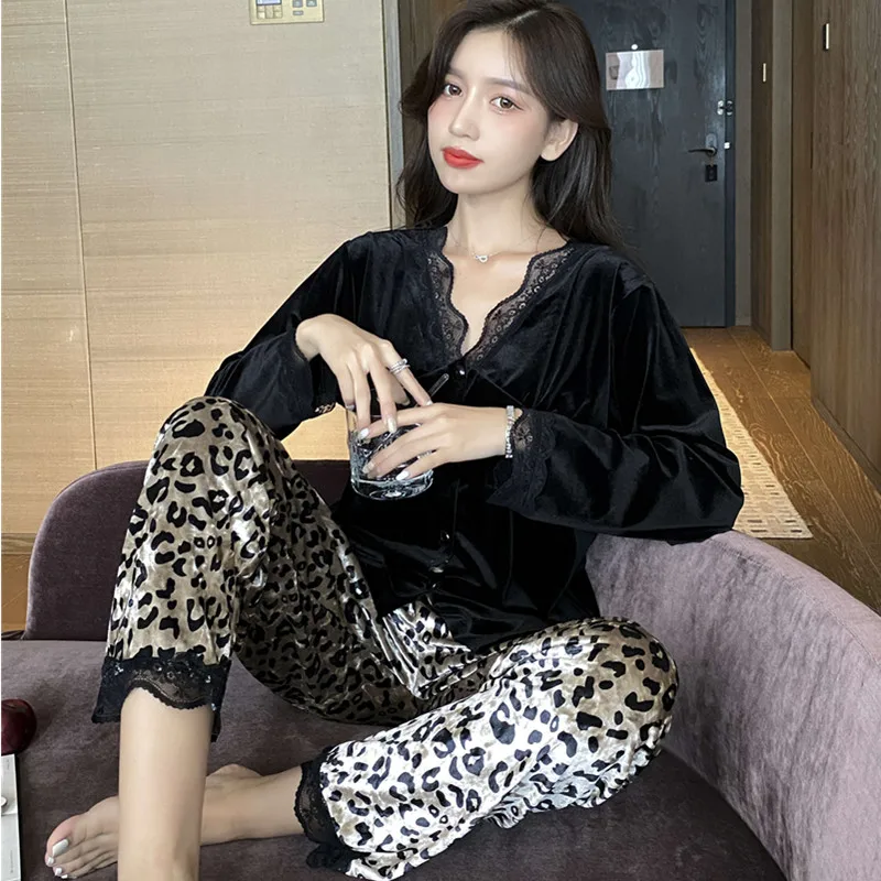 Retro Trend Leopard Print Fleece Women\'s Pajamas French Elegant Fashion Chic Home 2pc Set 2024 New Autumn/winter Y2k Nightgown