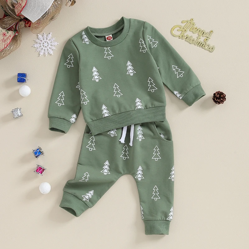 Toddler Baby Boy 2Pcs Christmas Clothes Set Christmas Tree Print Long Sleeve Crewneck Sweatshirt Tops Pants Newborn Outfits