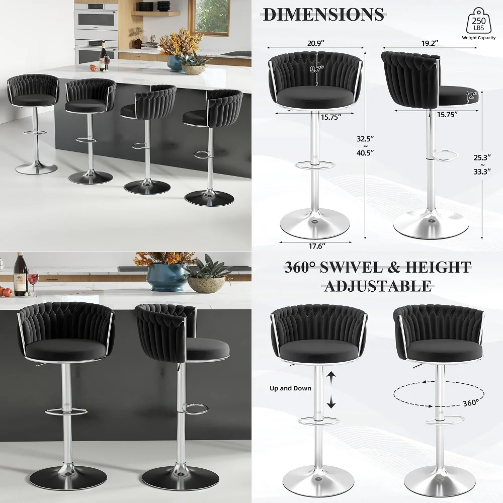 

25.5 Bar Stools Set of 4, Swivel Counter Height Stools w Back, 20 Wide Padded Seat, Rubber Wood Frame, Armless Farmhouse Barsto
