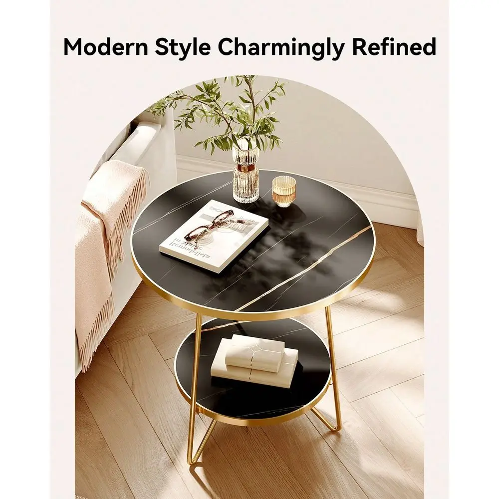 

Faux Marble End Table, 2 Tier Round Side Table With Storage Shelf, Modern White Nightstand Bedside Table Small Coffee Accent Ta
