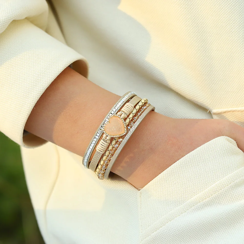 ALLYES Romantic Heart Stone Wrap Bracelet for Women Vintage Crystal Beads Chain Multilayer Leather Bracelets Jewelry Gifts