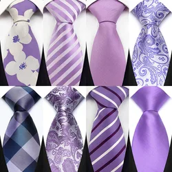 Luxury 8CM Mens Necktie Purple Color Floral Stripes Solid Tie For Man Groom Jacquard Woven Neck Tie For Business Wedding Party