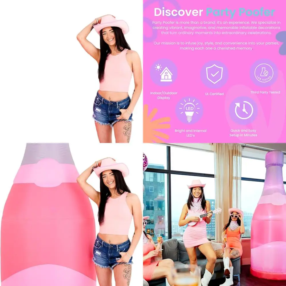 Giant 8ft Inflatable Pink Champagne Bottle with LED Lights for Bachelorette, Wedding, Pool Parties & Celebrations