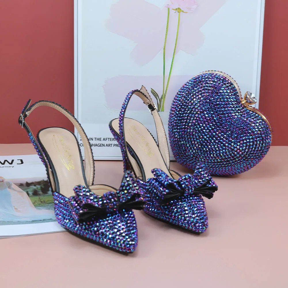 

New Bluish purple Crystal Bridal Wedding Shoes and bag set Pointed Toe Summer Sandals Thin heels 9cm Diamond bow and Heartbag