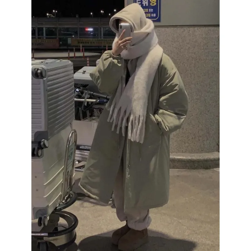 

Chic Winter Women's Long Cotton Jaet Coat Dstring Warm Outerwear Loose Fitting Parka Korean Sle Commute Fashion
