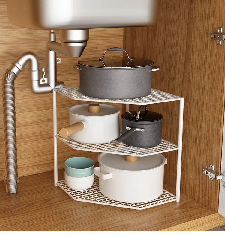 

3-layers Corner Storage Rack Multifunctional Kitchen Shelf Bathroom Organizer Cabinet Metal Shelves Standing Pot Rack 24cm
