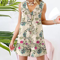 Women Bohemian Floral Printed Jumpsuits Female Casual Holiday Playsuits Loose Rompers Summer V Neck Sleeveless Rompers