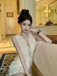 Celebrity Luxury Palace Style Party Dress Beads Sleeveless Women Summer Fashion Short Tank Dress Mesh Tassel Elegant Mini Dress