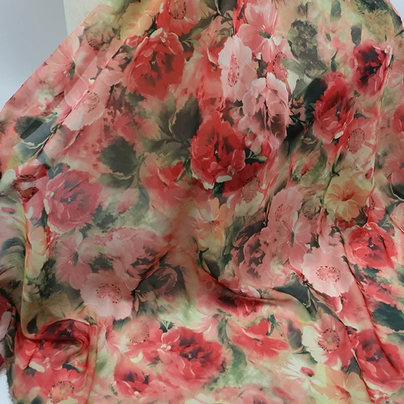 New Floral Chiffon Fabric Summer Fashion Peach-Skin Quality Scarf Dress Craft DIY Material 1 Yard