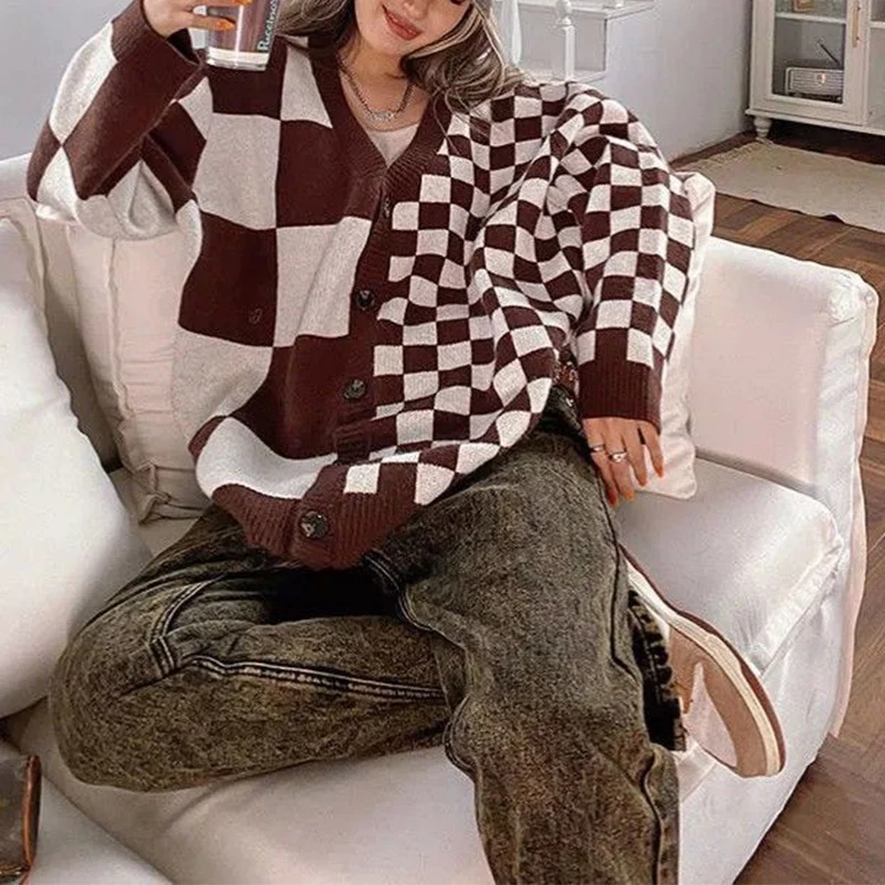 Autumn Fashion Plaid Knitting V-neck Long Sleeve Sweater Women Clothes Korean Patchwork Loose Cardigan Female Trend