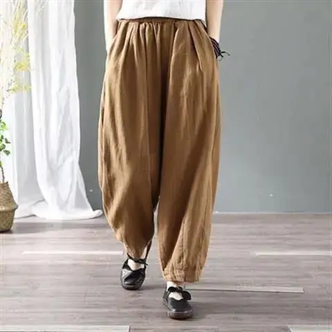 夏無地ランタンパンツ女性ルーズカジュアル大きいサイズお父さんワイドレッグキャロットヴィンテージハーランコットンリネンパンツ