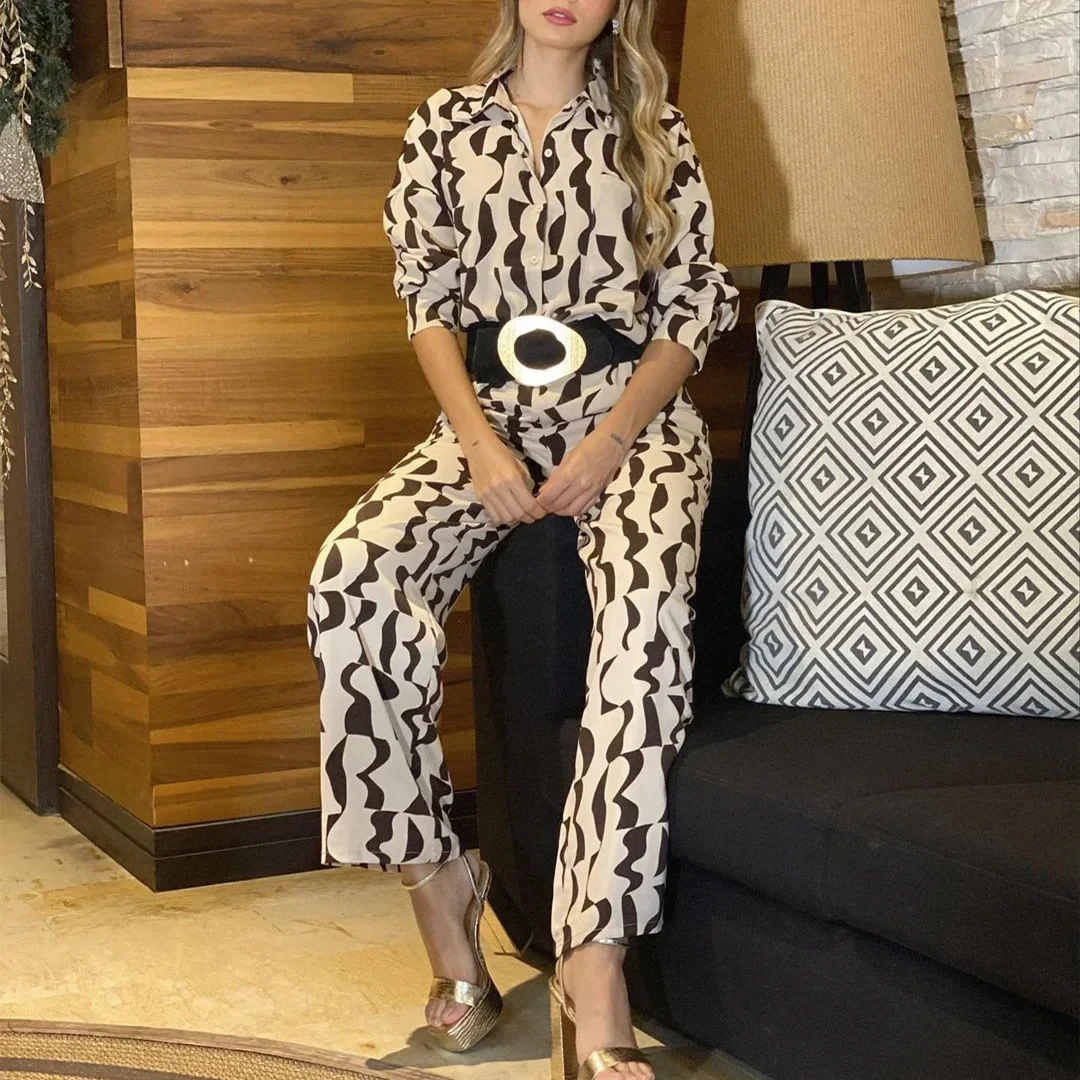 Pants Sets Women Summer Matching Sets Print Long Sleeve Shirt Wide Leg Pants Two Piece Set Wide Trousers Suit Pocket 2025