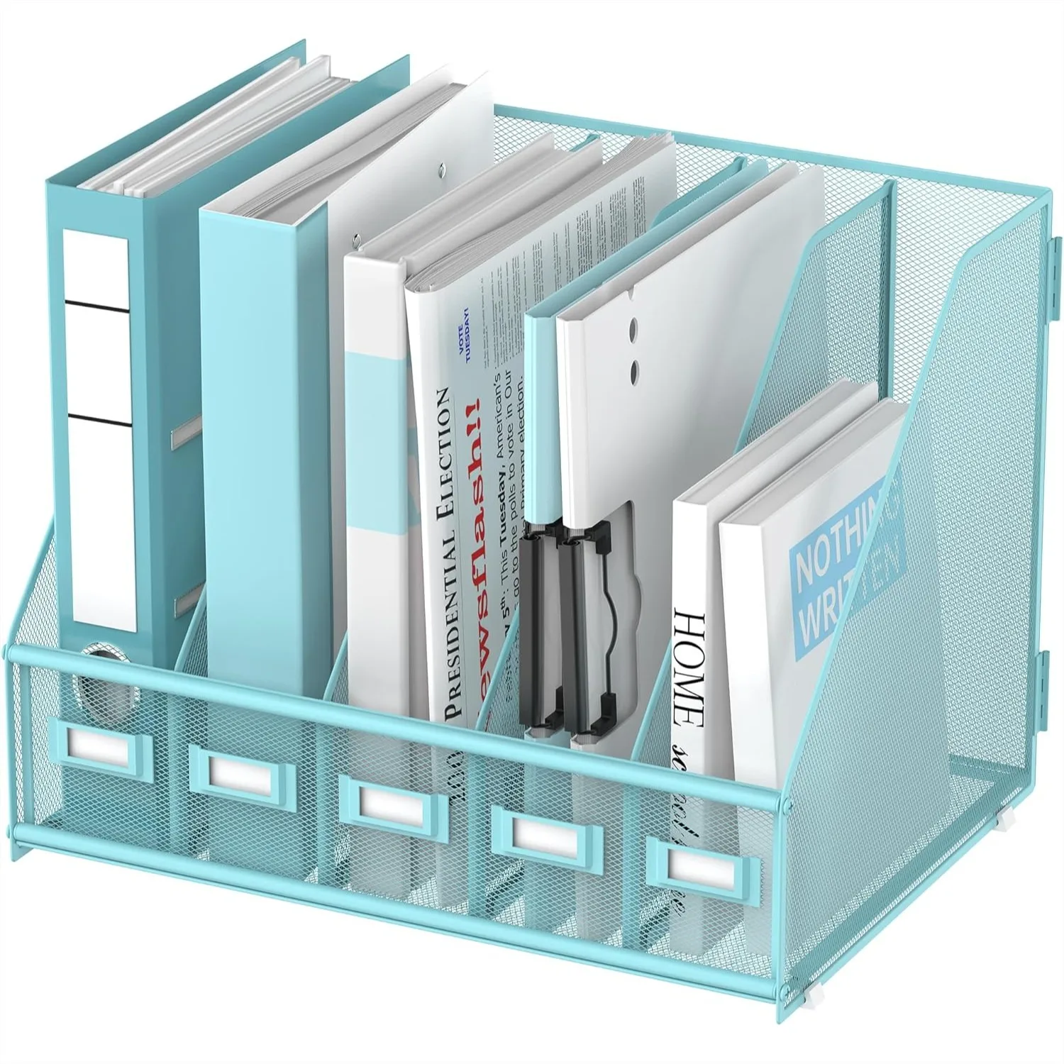 

SUPEASY Desk File Organizer, 5-Compartment Metal Magazine Holder for Office Classroom Home Workspace, Blue