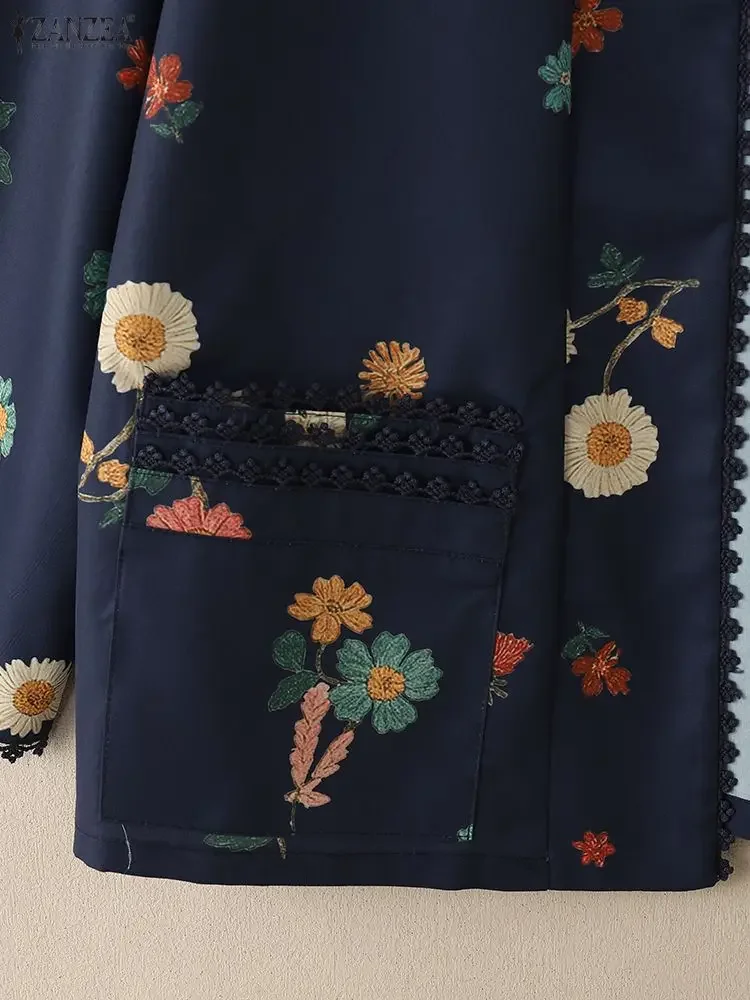 ZANZEA dentelle Patchwork imprimé fleuri Cardigans pour femme décontracté à manches longues chemises ouvertes devant 2025 automne mode vêtements quotidiens