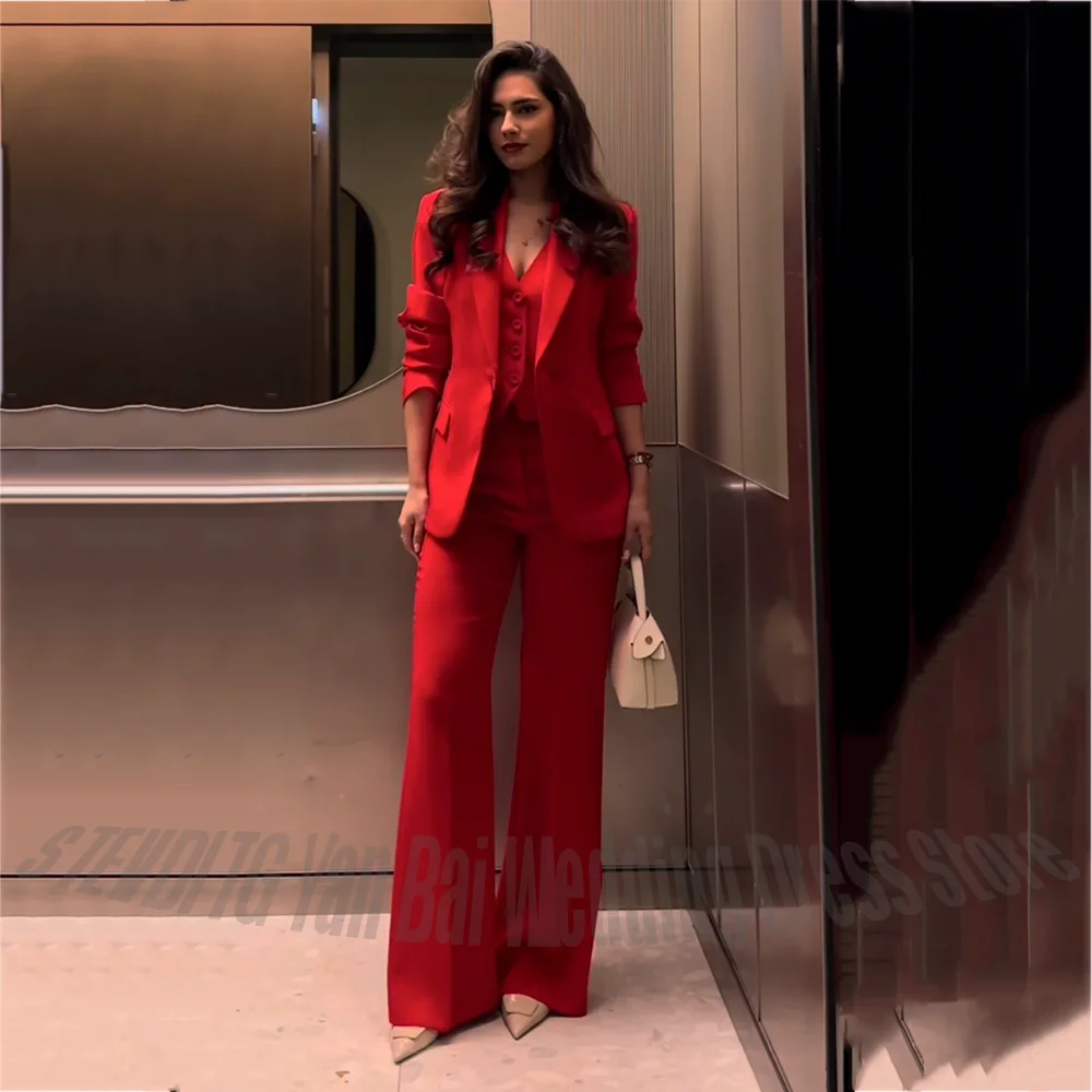 Modern Elegant Women's Red Suit Three Piece Slim FIt Solid Color Single Breasted Formal Occasion Business Female Clothing
