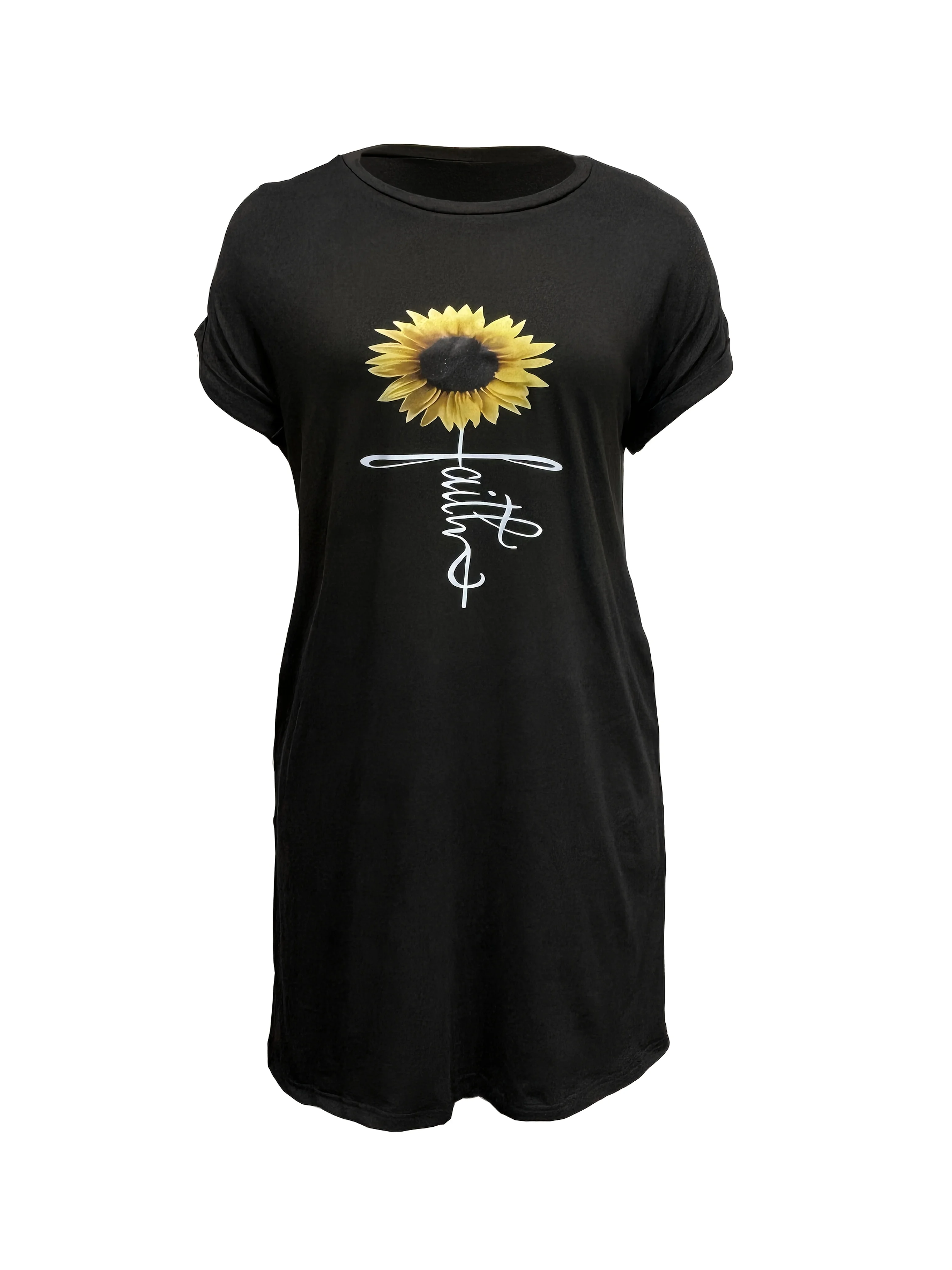 Robe t-shirt décontractée en tricot pour femmes, avec imprimé cœur, col rond, manches courtes, haut à la mode, noir avec motif de drapeau coloré