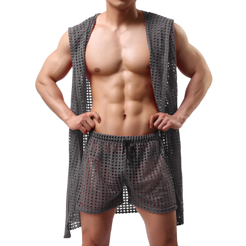 

Sexy See Through Mesh Bathrobe Sleepwear Men Sleeveless Hooded Bath Robe With Belt Underwear Nightgown Robes