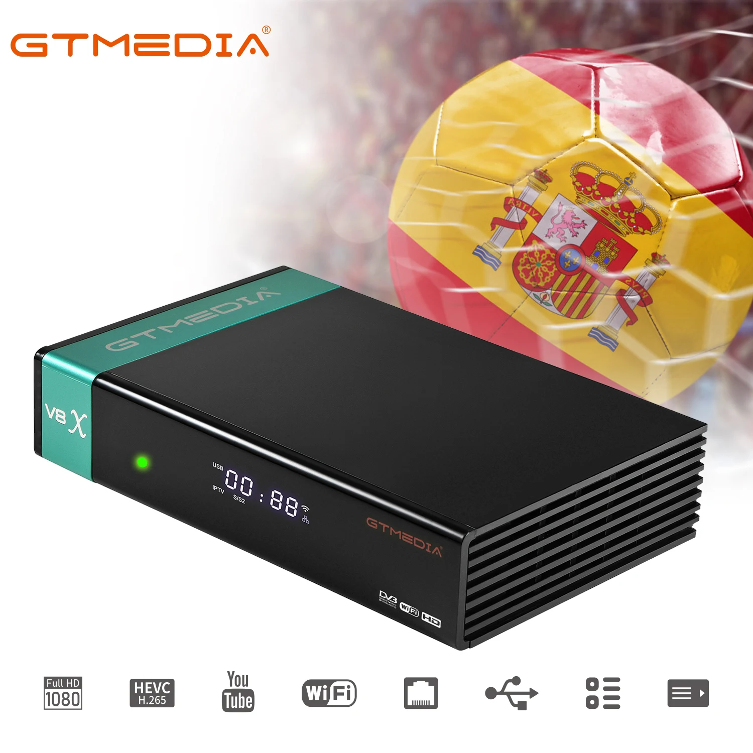 กล่องรับสัญญาณดาวเทียม GTMEDIA V8X รองรับ DVB S/S2/S2X ความละเอียด 1080P HD พร้อม WiFi 2.4G ในตัว ช่องใส่การ์ด CA กล่องรับสัญญาณอัจฉริยะ รองรับภาษาสเปน