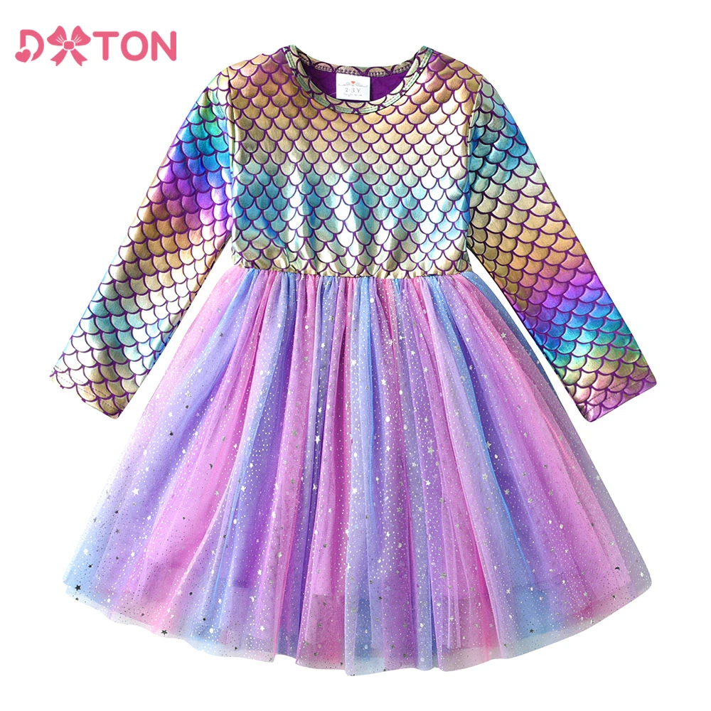 

DXTON Mermaid Children Dress For Girls Long Sleeve Autumn Princess Dress Gradient Tulle Mesh Vacation Party Kids Elegant Costume