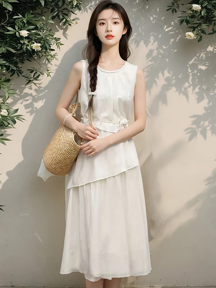 2025 branco retalhos babados casaul vestido de férias feminino elegante sem mangas bodycon vestido longo verão coreano vintage vestido de festa