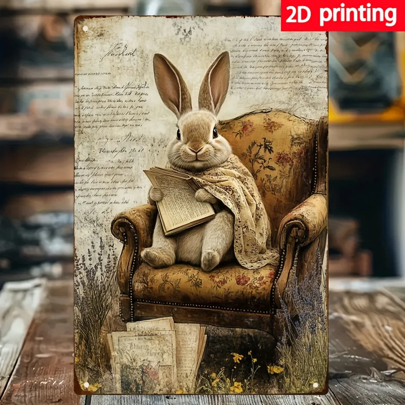 Reading Bunny Metal Wall Art -   Rustic Iron Plaque with Antique Book & Floral Design, Perfect for Home, Office, Bar, Garden, o