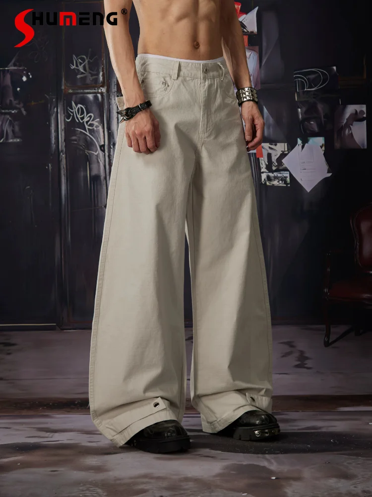 

2026 Men's Summer New Fashion Ribbon Splicing Cotton Pants Male Handsome Loose Wide Leg Curved Comfort Pants Tooling Trousers