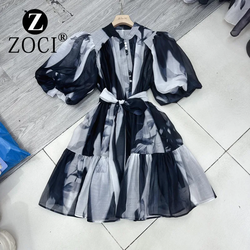 

[ZOCI] 2024 Autumn style round neck bubble sleeve skirt design blended tie waist short dress A2#8759