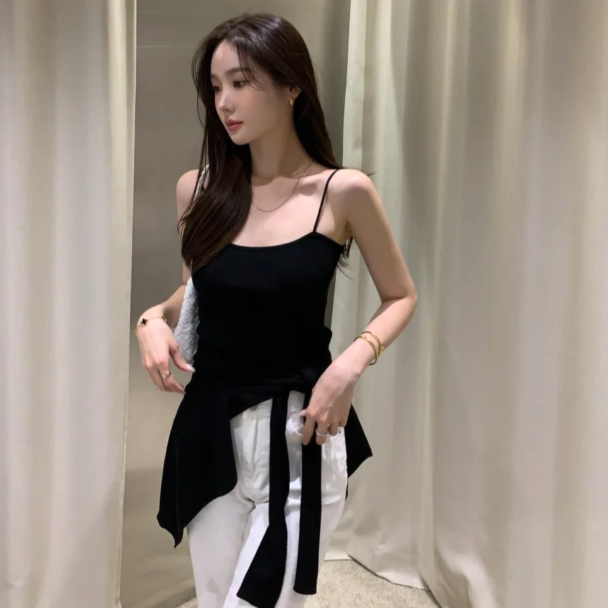 

Chic Retro Slimming ort Base irt Tank Top Knitted Outerwear Two-Piece Set Women Simple Sli Summer Polyester Fiber