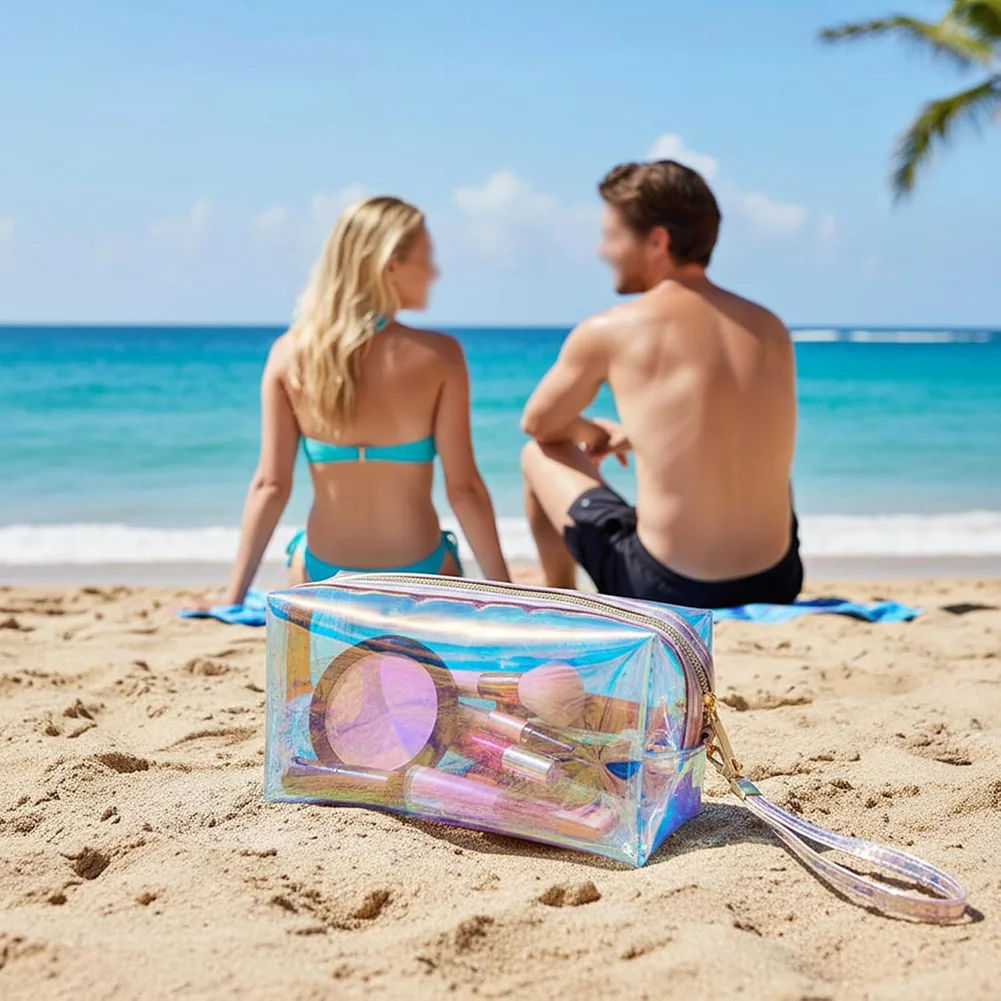 Holographic 2 Piece Makeup Bag Set Iridescent Reflective Design for Travel Toiletries Accessories and Clutch Use