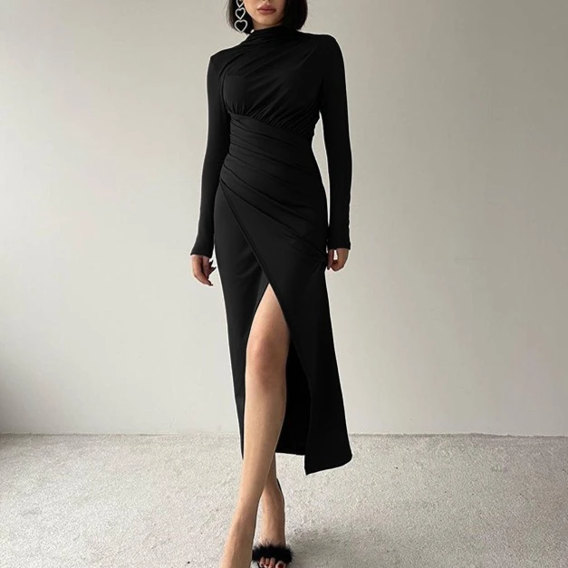 FW25 Vestido midi ajustado con detalle ahumado y cuello medio alto para mujer con abertura en el muslo Elegante moda de otoño