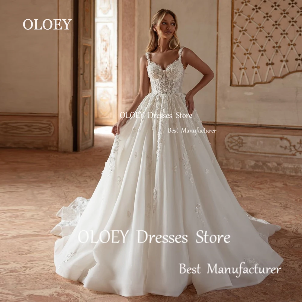 

OLOEY Exquisite Ivory Lace Wedding Dress 3d Appliques Pearls Bridal Gown Sweetheart Neck Sleeveless Corset Floor Length Custom