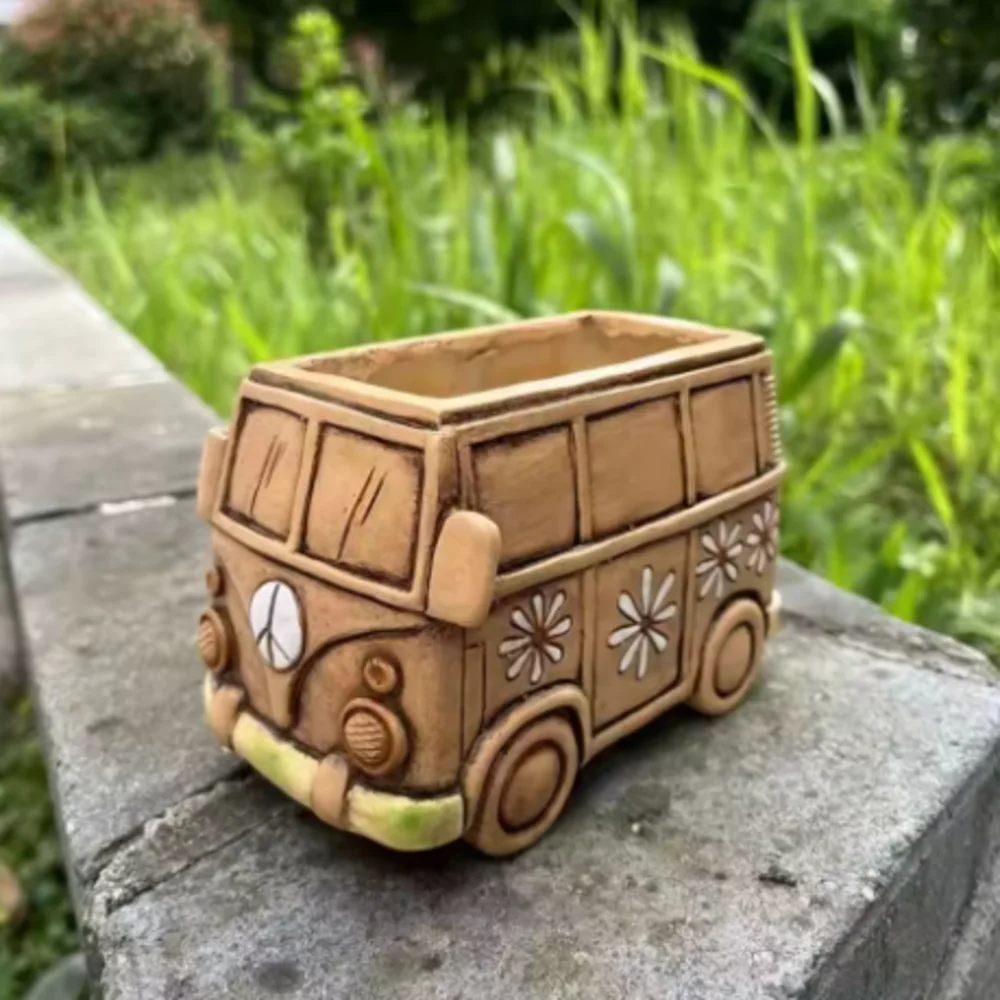 Maceta con Forma de Autobús Hippie Retro, Decoración de Resina con Flores de Margarita y Paz para Suculentas, Decoración para el Hogar y el Jardín