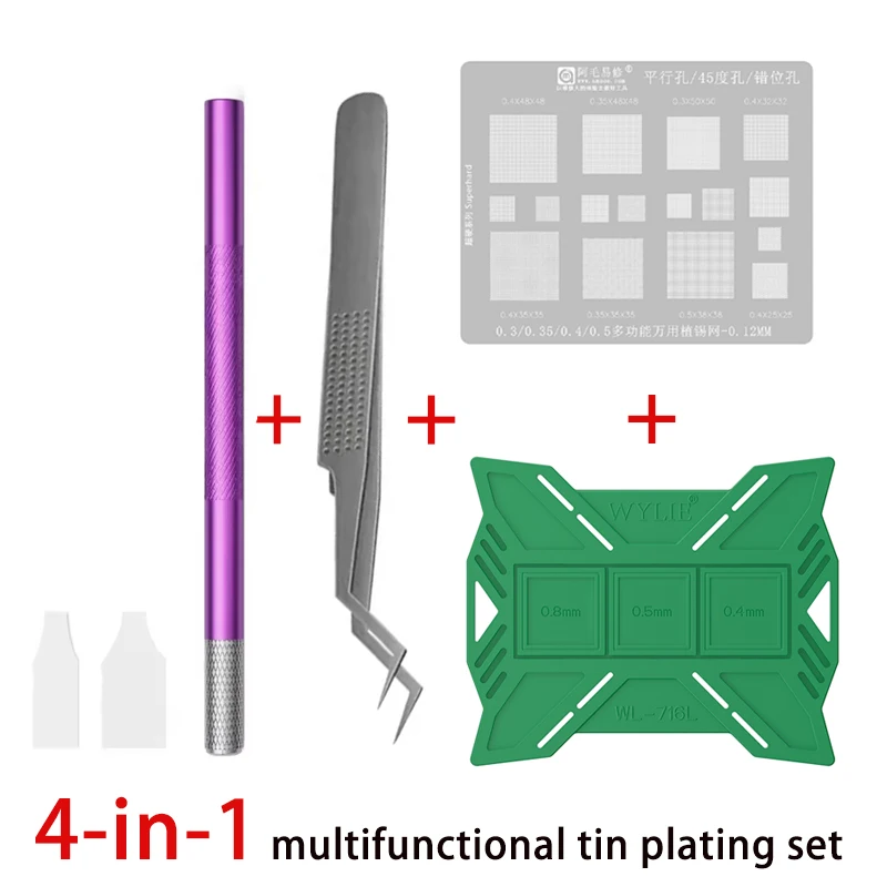 

4in1 Multifunctional Tin Plating Set WL-716L Magnetic Planting Tin Pad Amaoe Universal BGA Stencil With Tweezers And Tin Scraper
