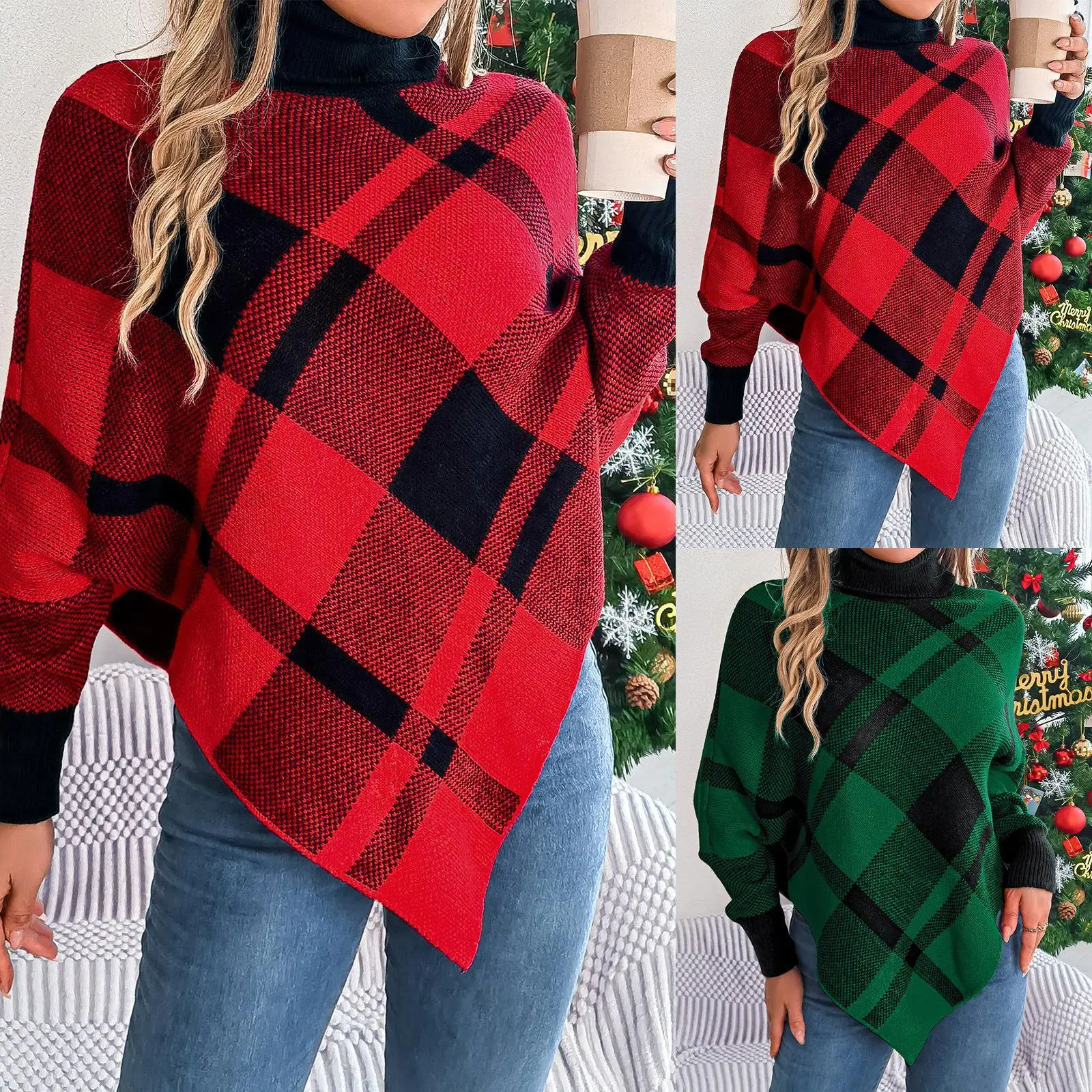 

Autumn Winter Plaid High Collar Long Sve Sweater Cisas Cross-Border Women's Faion Hooded Knitwear Casual Color Blo