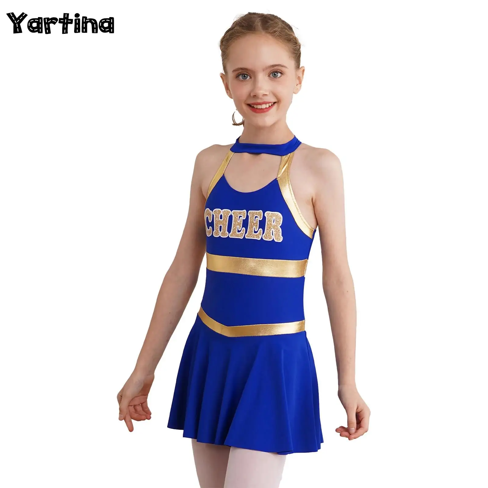 Kids Girls Cheerleading Uniform Gymnastics Ballet Dance Clothing Sleeveless Round Collar Letter Print Hollow Back Dance Dress