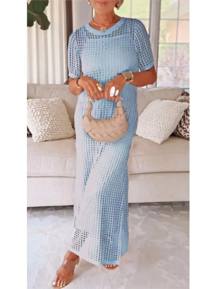 

Women's Round-neck Hollow Airy Dress Two-piece Set Summer Elegant Style Short-sleeved Mid-waist Comfortable Casual Dress Set