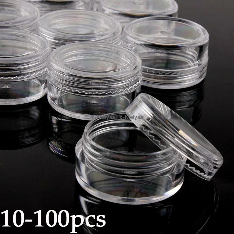 10–100 Stück 3 g leere Kunststoff-Kosmetik-Make-up-Gläser, Töpfe, transparente Probenflaschen, Lidschatten, Gesichtscreme, Lippenbalsam-Behälter