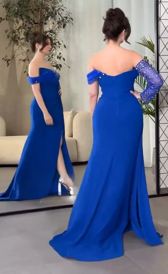 Azul V Neck Cristal Manga Longa Vestidos de Baile, Plissado Beading, Vestidos de Noite Formais Chiffon, Fenda, Mulheres Árabes, 2020