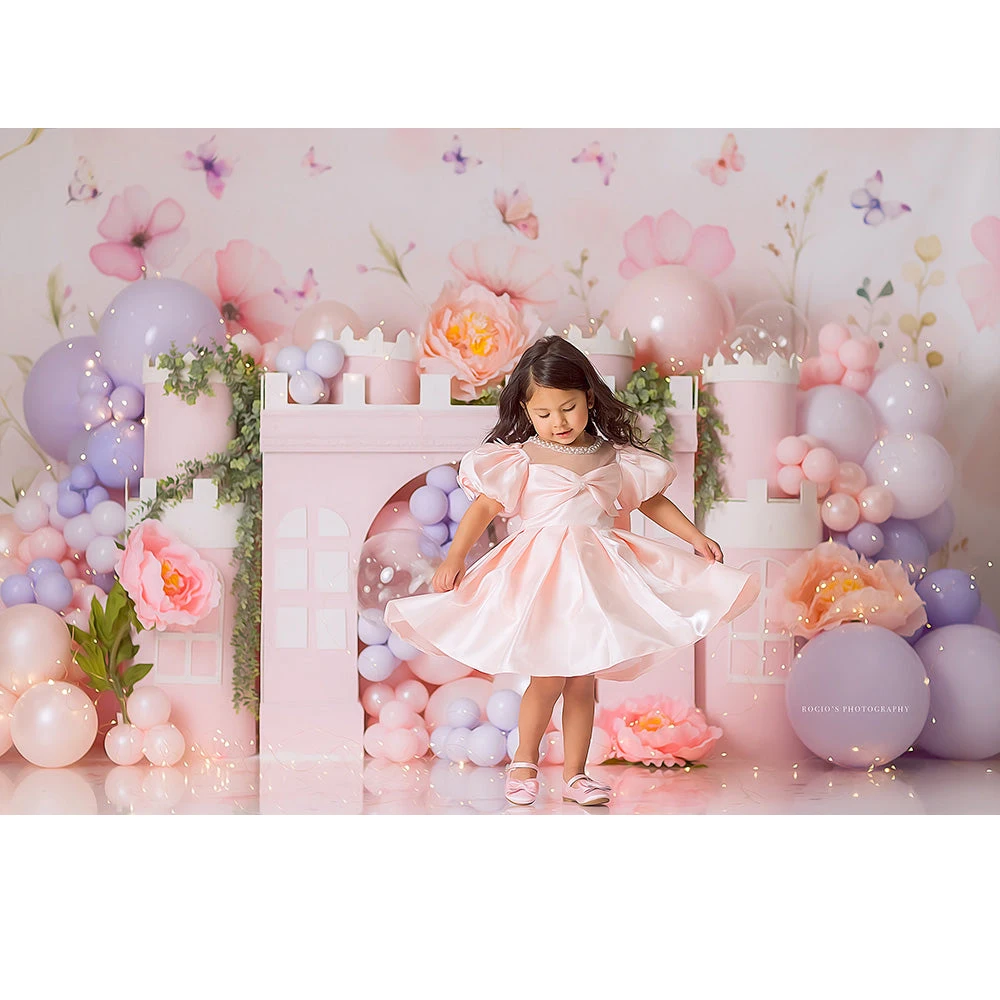 Pink Princess Castle Backdrop for Photography Girl Birthday Cake Smash Background Flowers Butterfly Photo Banner Studio Props