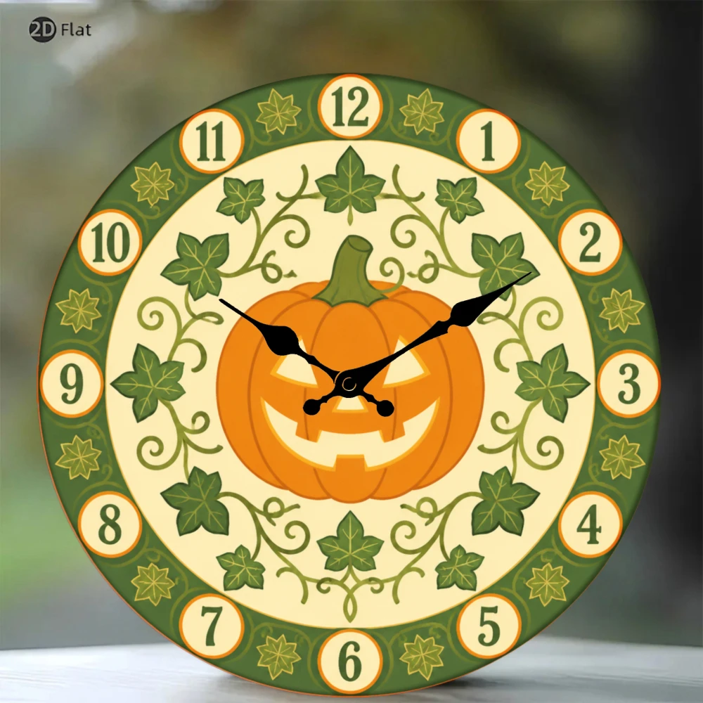 Jack O Lantern Pumpkin 2D Flat Wall Clock 10 Inch Silent Non-Ticking Festive Halloween Vine Pattern Room Decor