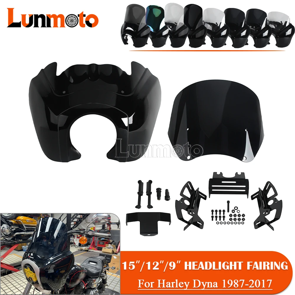 

Motorcycle Headlight Fairing W/ 9/12/15" Windshield Screen &Headlight Bracket Combo Kit For Harley Dyna FXDL FXDF FXDB FXDWG FXD