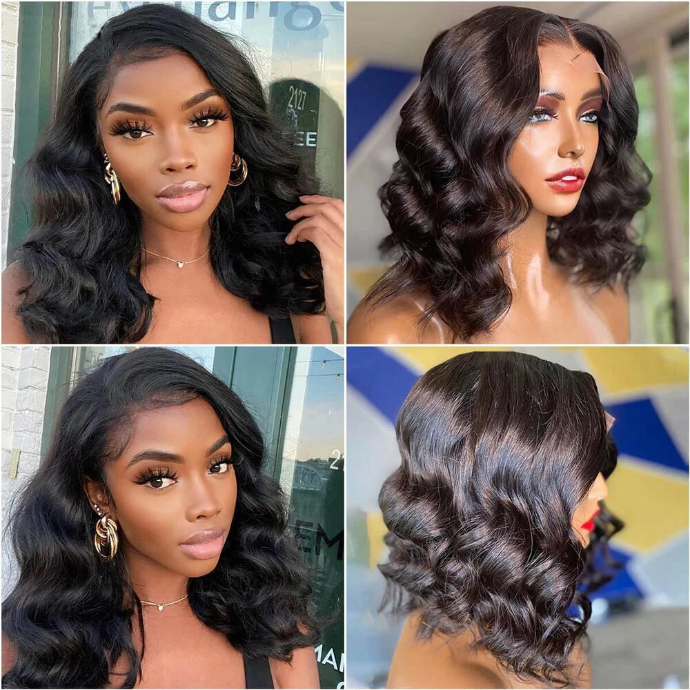 Perruque Bob Lace Front Wig naturelle, cheveux humains, Body Wave, 13x4, pre-plucked, pour femmes noires, liquidation